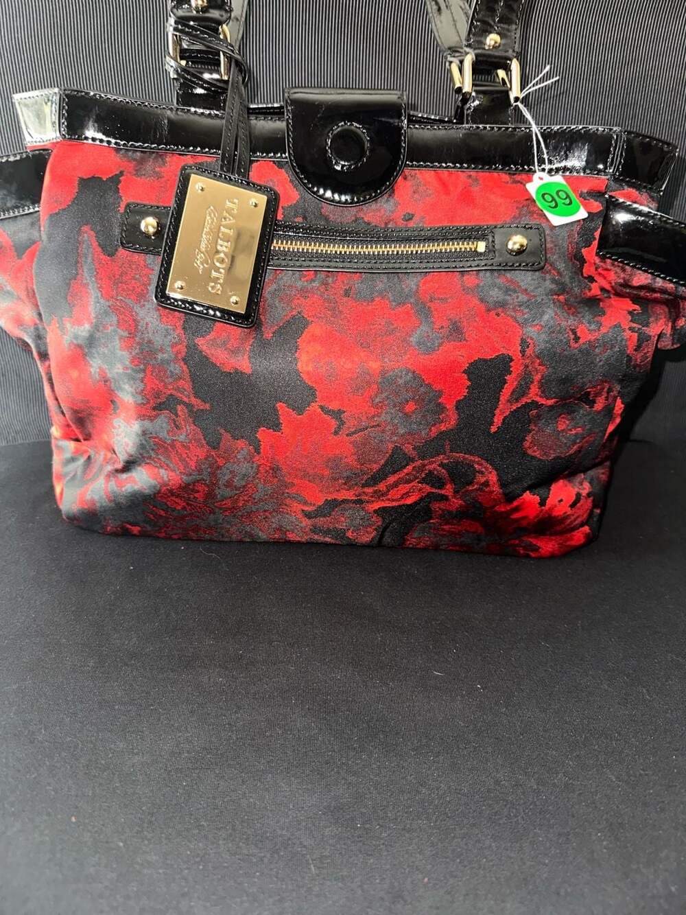 No.99 Talbots Red and Black Floral Fabric Tote with Faux Patent Leather Trim